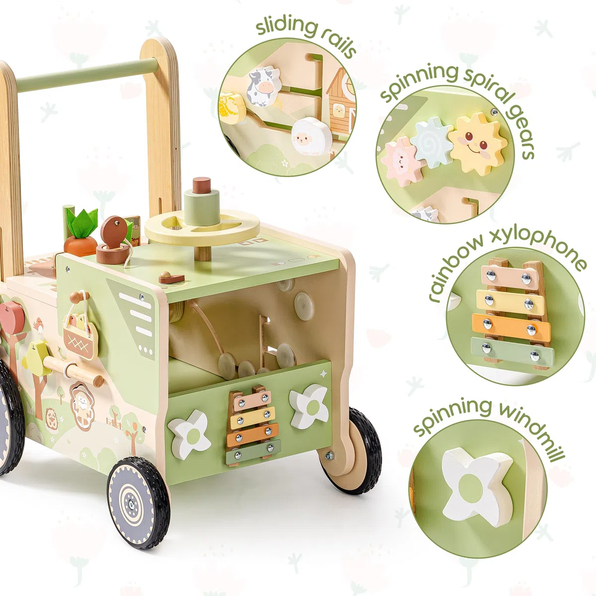 ROBUD Lauflernhilfe Holz, Lauflernwagen im Bauernhof-Thema mit Rädern, Motorikspielzeug Lernspielzeug für Mädchen Jungen, Geschenke für Babys ab 10 Monate (Geschwindigkeit & Höhe Einstellbar)