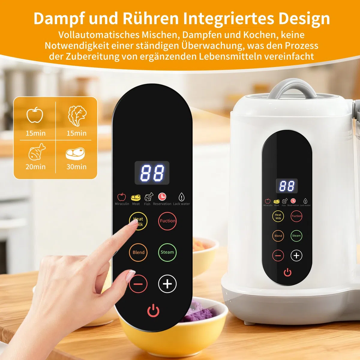 Babynahrungszubereiter, 400ML Baby Food Maker, Babybrei Zubereiter, Dampfgarer Mixen, mit voreingestellten Modi 4 Menüs, automatisches Kochen und Mahlen, Selbstreinigung, Touchscreen-Steuerung
