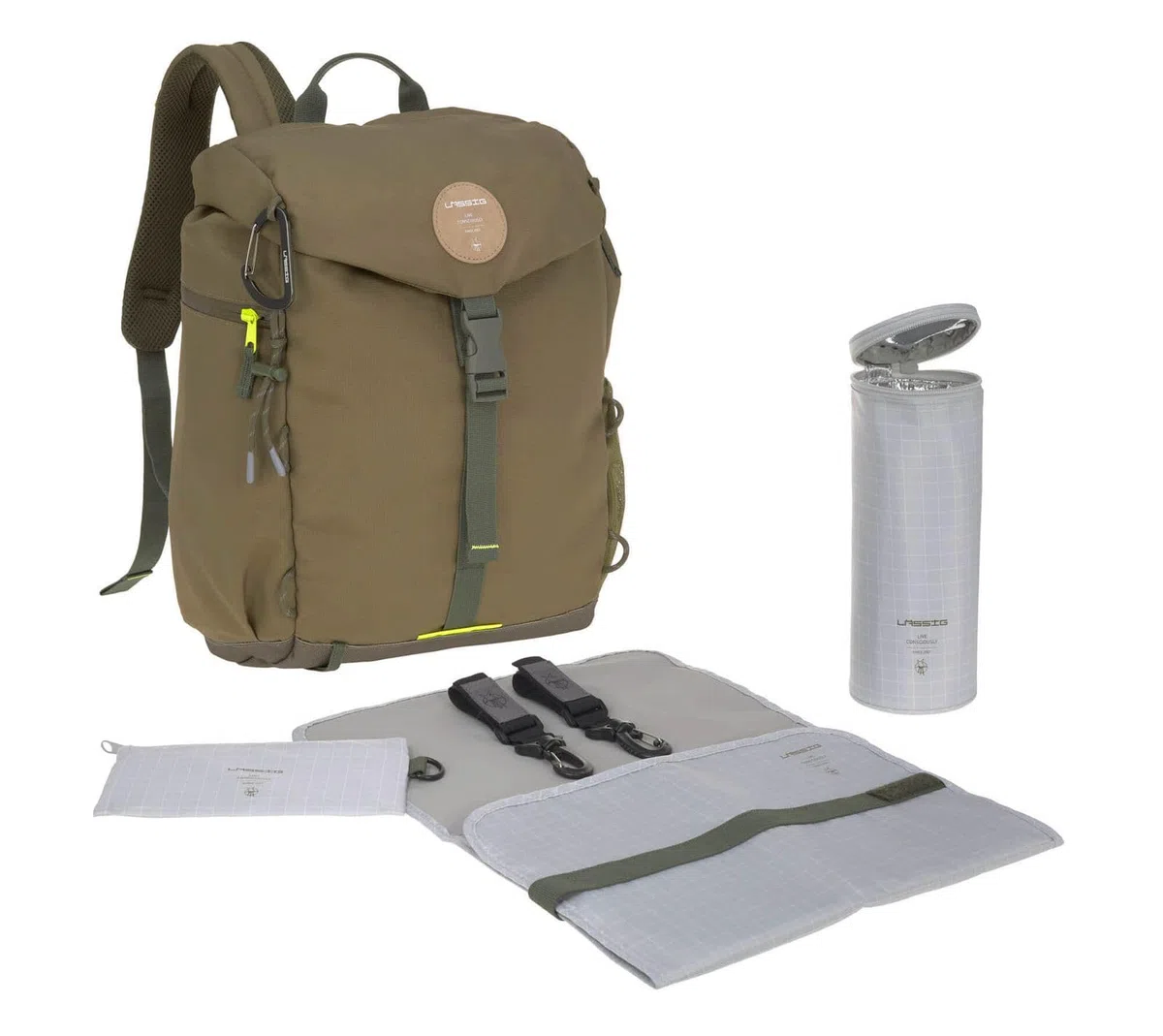 LÄSSIG Baby Wickelrucksack wasserabweisend nachhaltig produziert Outdoor Backpack olive