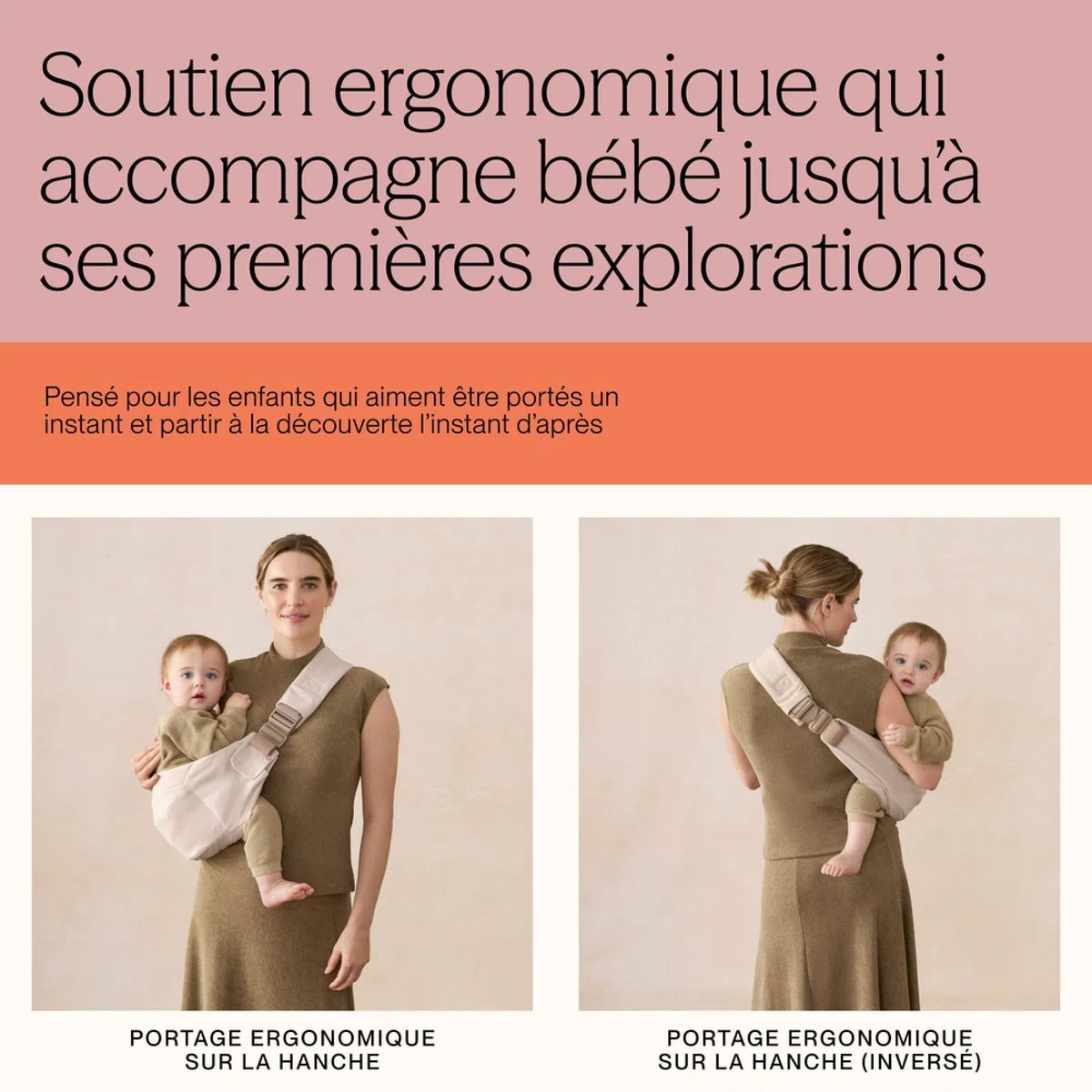 Ergobaby Upsie Sling Babyhüfttrage, Ergonomische Hüfttrage für Babys und Kleinkinder ab 6 Monaten (7,7-20,4 kg), spontanes Wechseln zwischen Laufen und Getragenwerden, Natural Beige