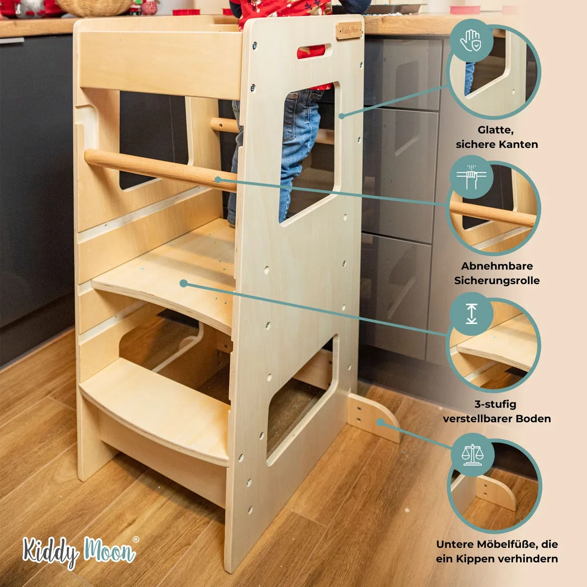 KiddyMoon Lernturm Für Kinder Ab 1 Jahr, Anti-Kipp-Schutz, 3-Fach Höhenverstellbar, Schutzbügel, Montessori Küchenhelfer, Weiß