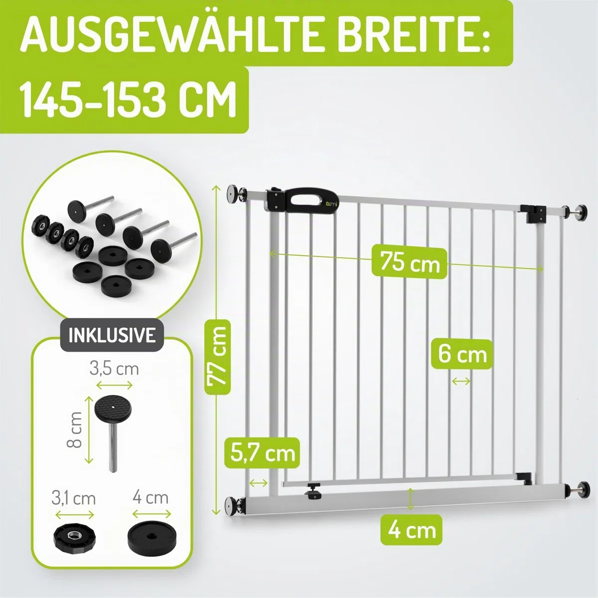 BOMI TÜV GS Siegel Treppengitter für Kinder Merle | Zum Klemmen | 90 Stop | Schließt automatisch | Kinderschutzgitter Weiss öffnet in beide Richtungen | Tür- & Treppenschutzgitter | Breite 145-153 cm