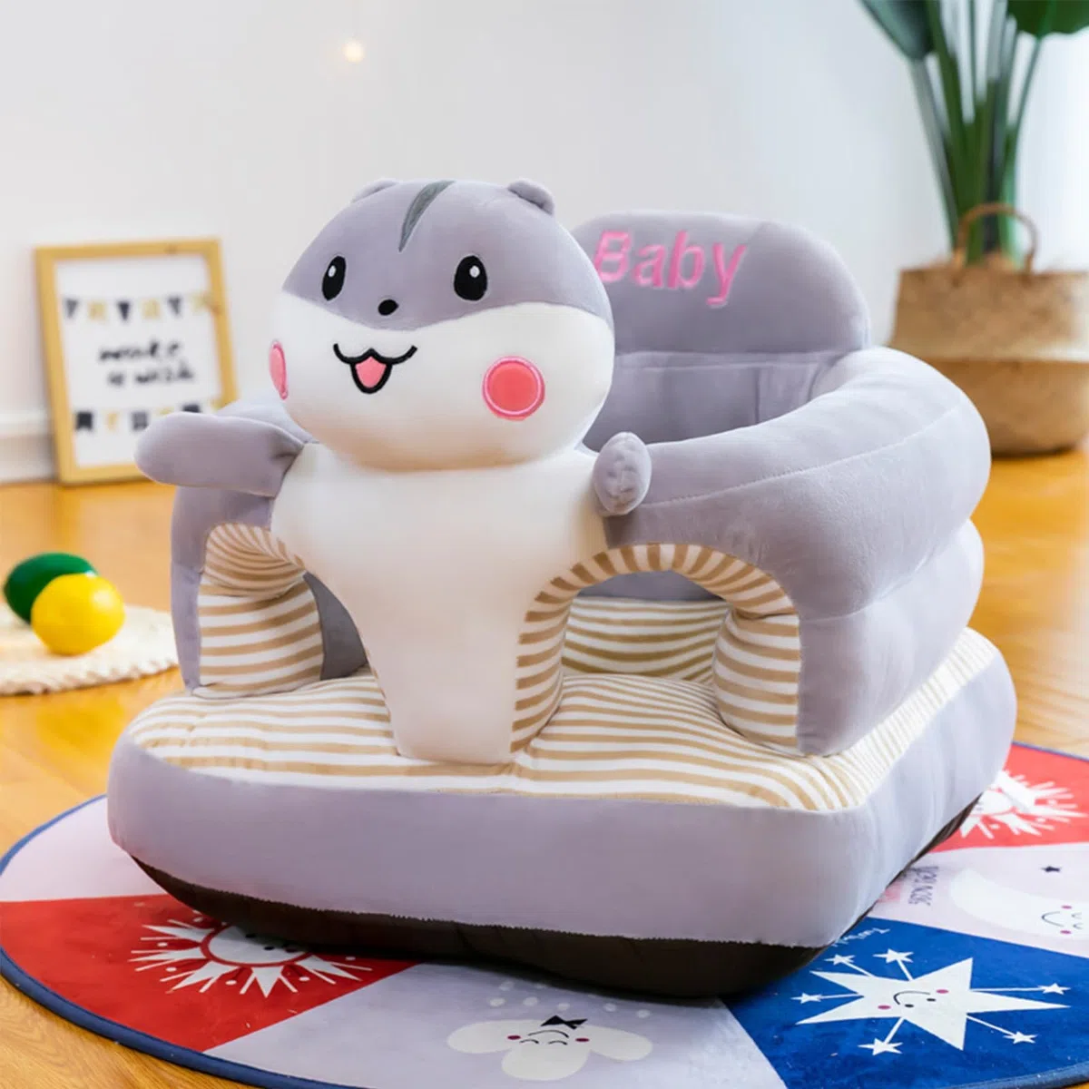 Babysitz für 3–24 Monate, Bodenstuhl mit Rückenstütze, Plüsch-Cartoon-Tiere, tragbarer Aktivitätssitz (Hamster)