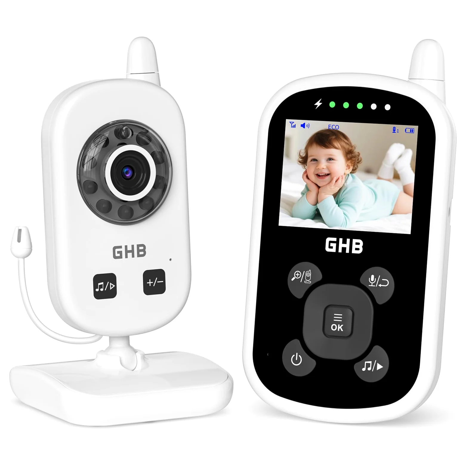 GHB Babyphone mit Kamera Baby Monitor mit ECO Modus Gegensprechen Gegensprechen Lange Akkulaufzeit Nachtsicht usw.