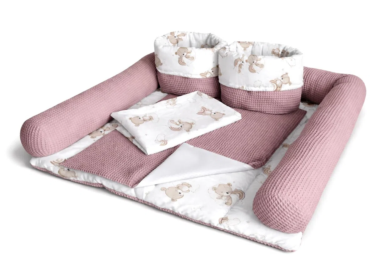 Wickelauflage Set 6-teilig – Wickelunterlage aus Baumwolle & Waffelstoff – Baby Wickelauflage – Geschenk zur Babyparty – Wickeltischauflage – 85x75 cm (Breite x Tiefe), Teddy und rosa