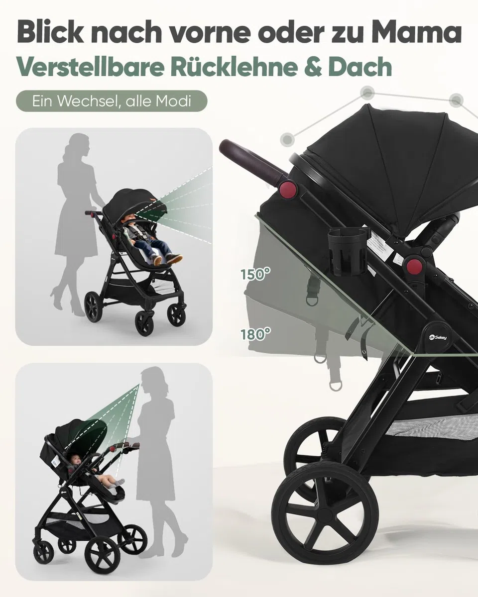 Sekey Kombi Kinderwagen Baby 3 in 1 Komplettset mit Regenschutz und Moskitonetz, Kinderwagen mit Liegefunktion bis 25kg, 0 bis 4 Jahre, 4-Rad-Federung, 5 Punkt-Gurt mit Reflektor, BW600, Schwarz
