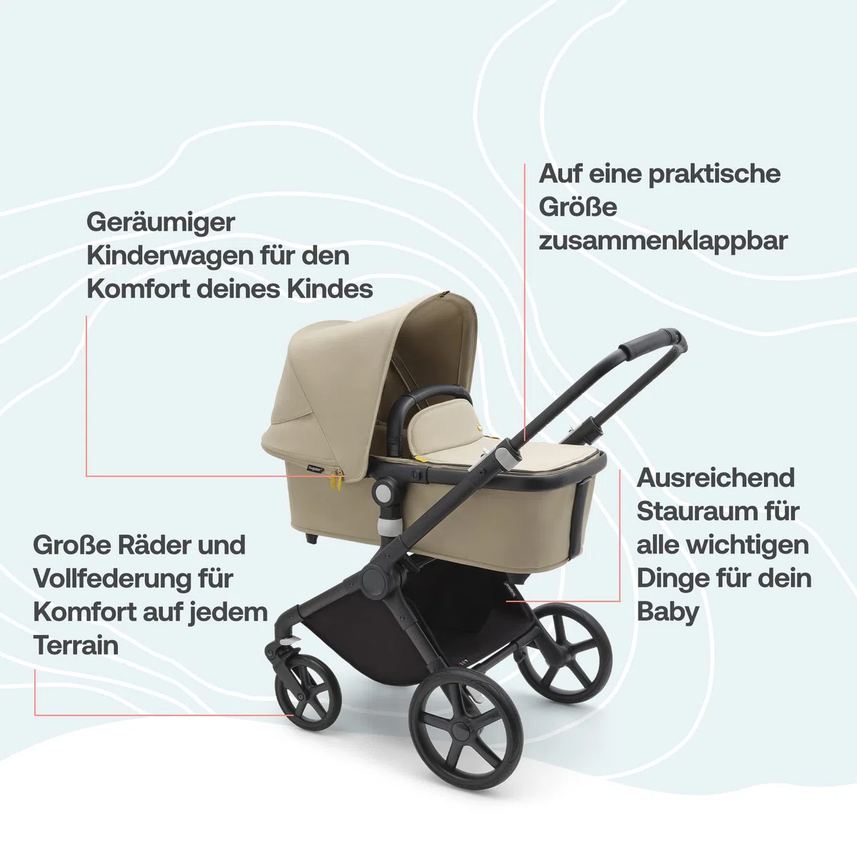 Bugaboo Fox Cub Kinderwagen für jedes Gelände, leichter stabiler Kinderwagen, strapazierfähiges Design, extragroßes Sonnendach, selbststehend faltbar, Desert Beige