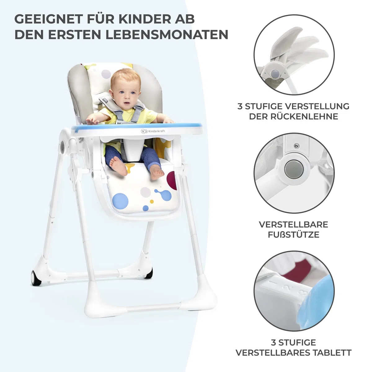 Kinderkraft YUMMY Hochstuhl, Kombihochstuhl, Babystuhl, PU-Bezug, Grau