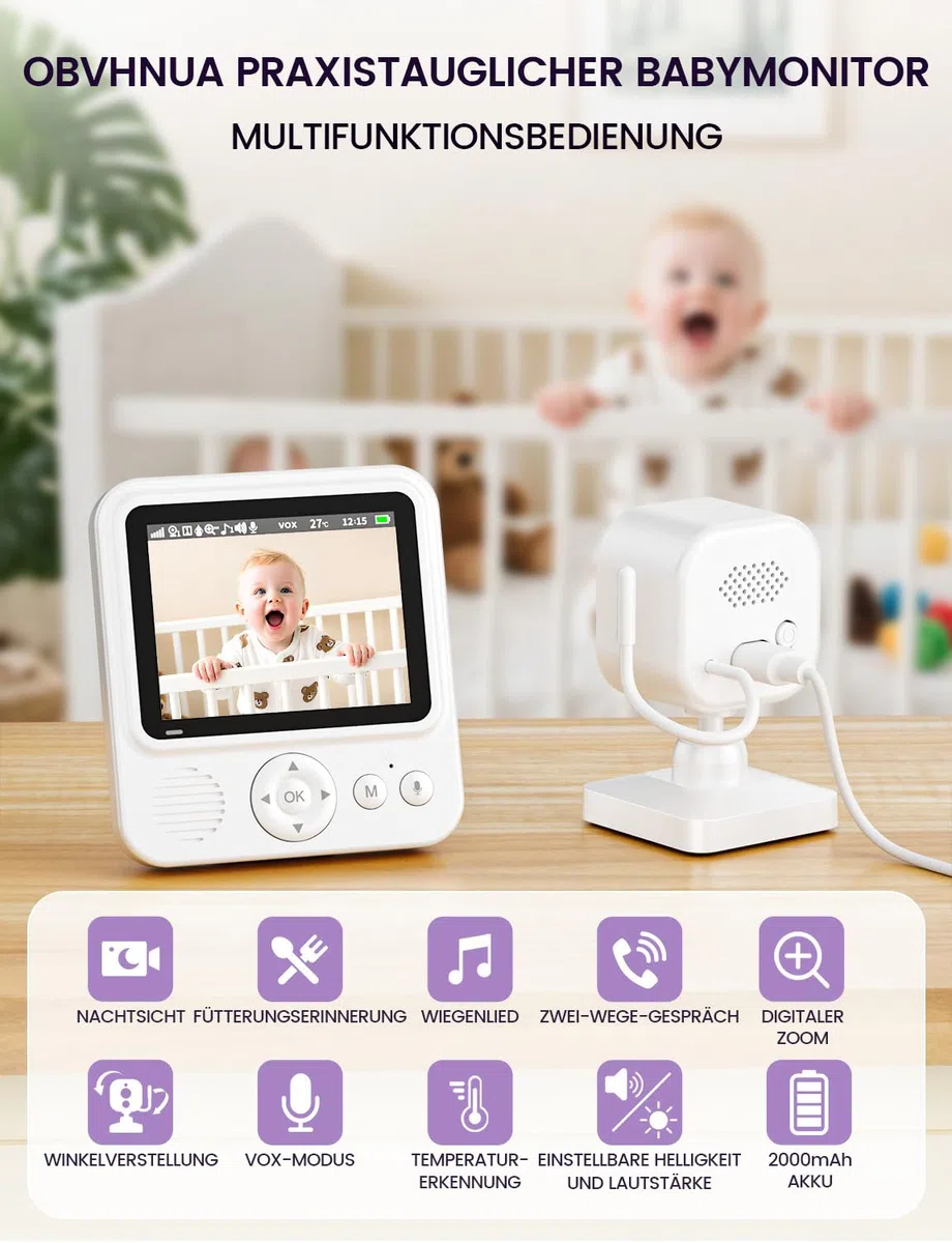 OBVHNUA Babyphone mit Kamera 720P IPS Video Babyphone ohne WLAN mit 2000mAh Akku Digitale Zoomfunktion Nachtsicht Temperatur-Alarm Zwei-Wege-Audio Schlaflieder VOX-Modus