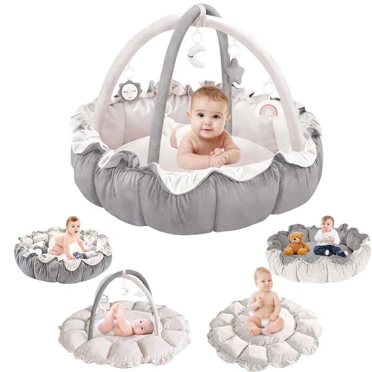 5-in-1 Baby Spieldecke,Krabbeldecke für Baby Spielmatte, Krabbelmatte mit Spielbogen 5 abnehmbarem Babyspielzeug, ab der Geburt