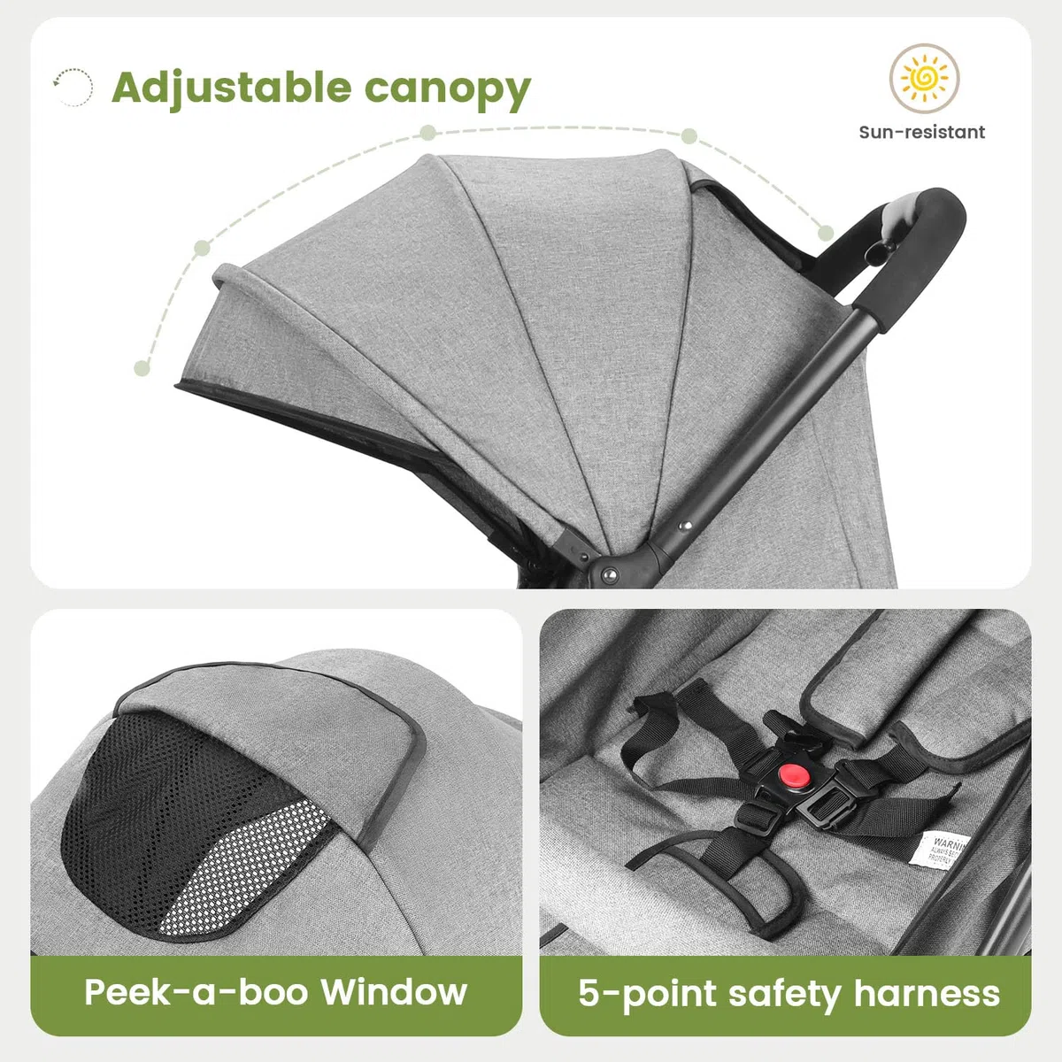 Faltbar Kinder-Buggy Kinderwagen, Regulierbarer 5-Punkt-Sicherheitsgurt, Zusammenklappen mit einer Hand, großes Verdeck, Robuster alle 4 Räder gedämpft, geräumige Sitz, Einkaufskorb (Grau)