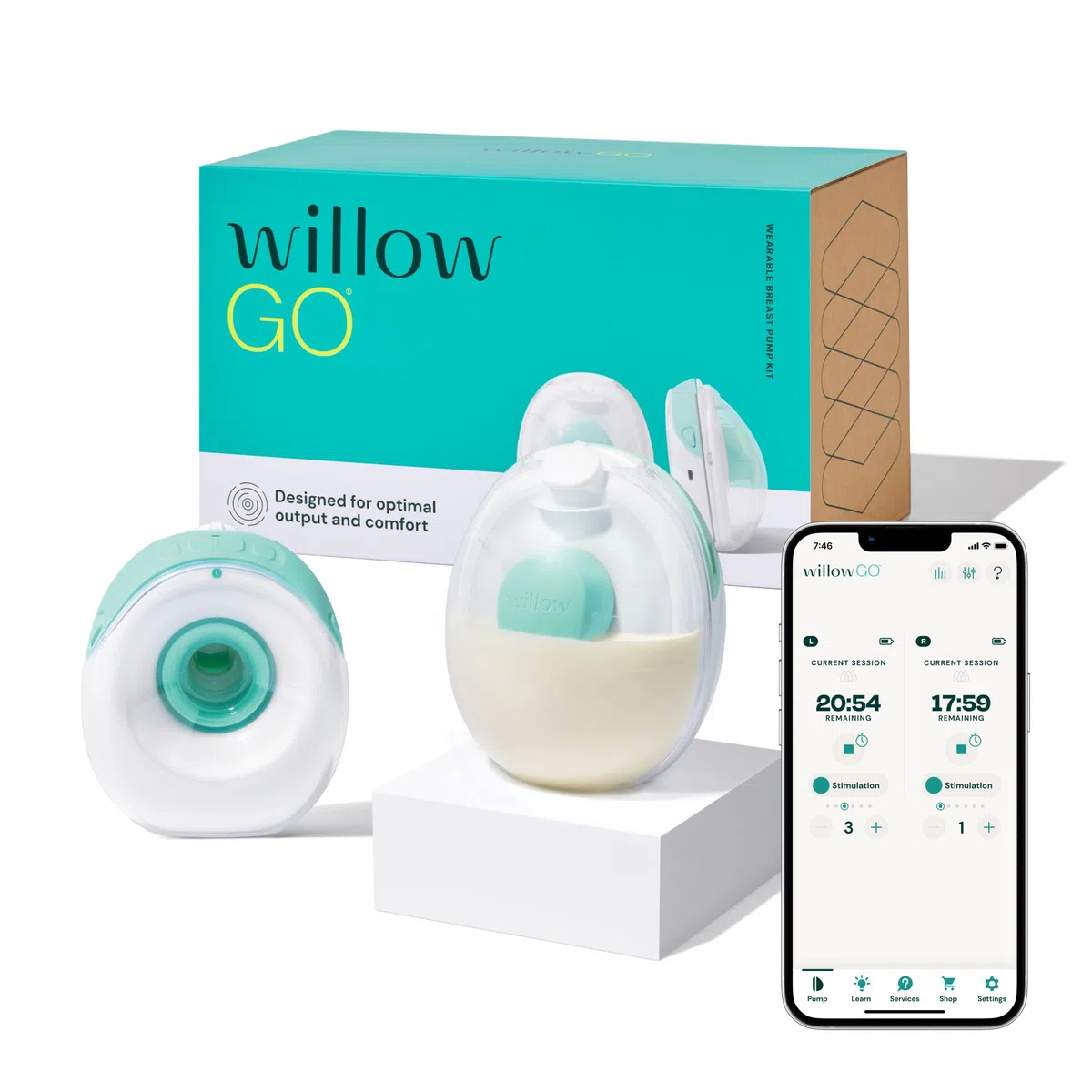 Willow Go Tragbare Milchpumpe, freihändige doppelte elektrische Milchpumpe, kabelloses In-Bra-Design mit 15 Saugstufen in Krankenhausqualität, inklusive 24 mm und 21 mm Flanschen und 142 g