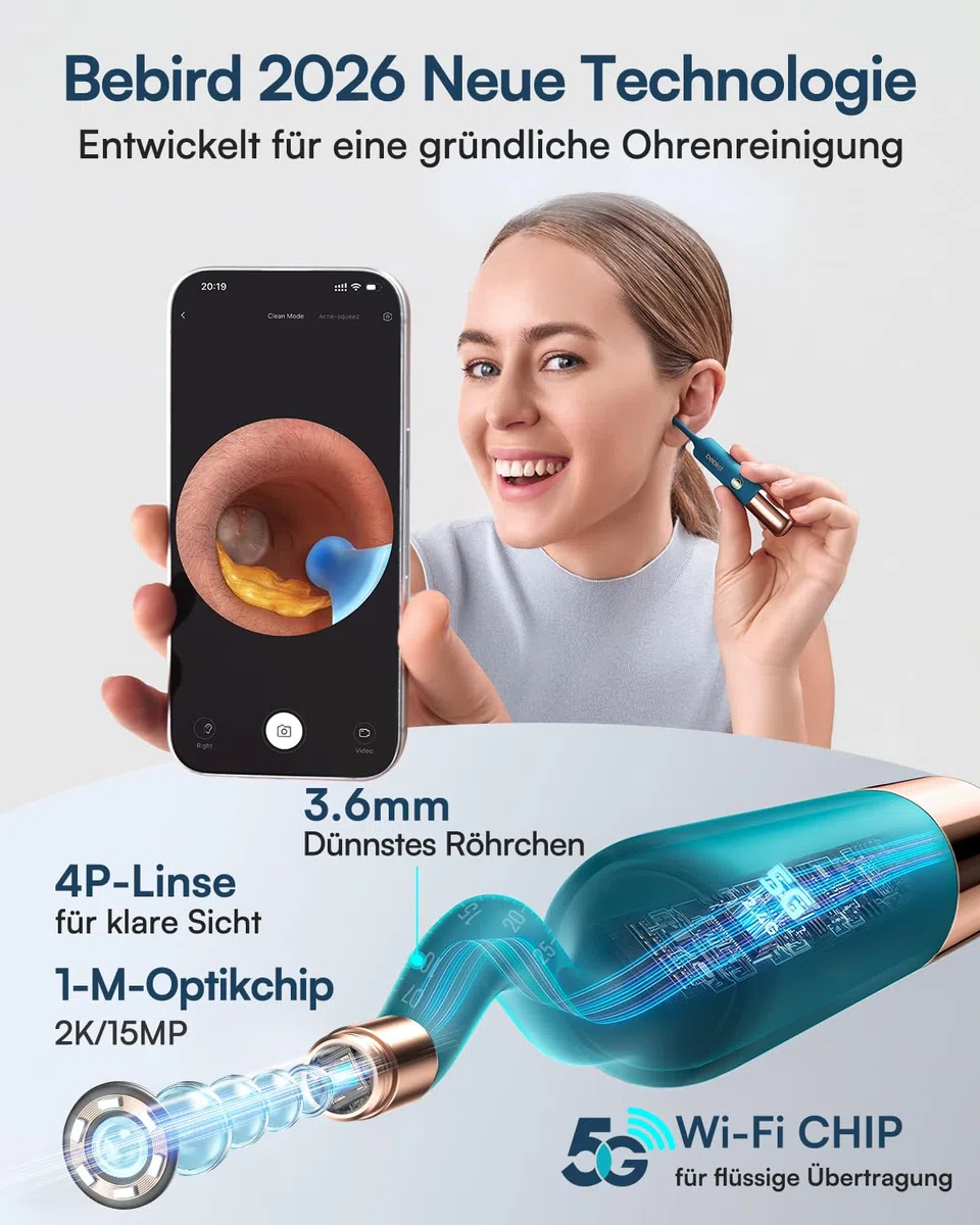 BEBIRD EarSight Ultra 5G Ohrenreiniger & Pflegegerät mit flexibler Otoskop-Kamera, Ohrenschmalz Entferner Set 30+Zubehör, HNO-sicher für Heimanwendung