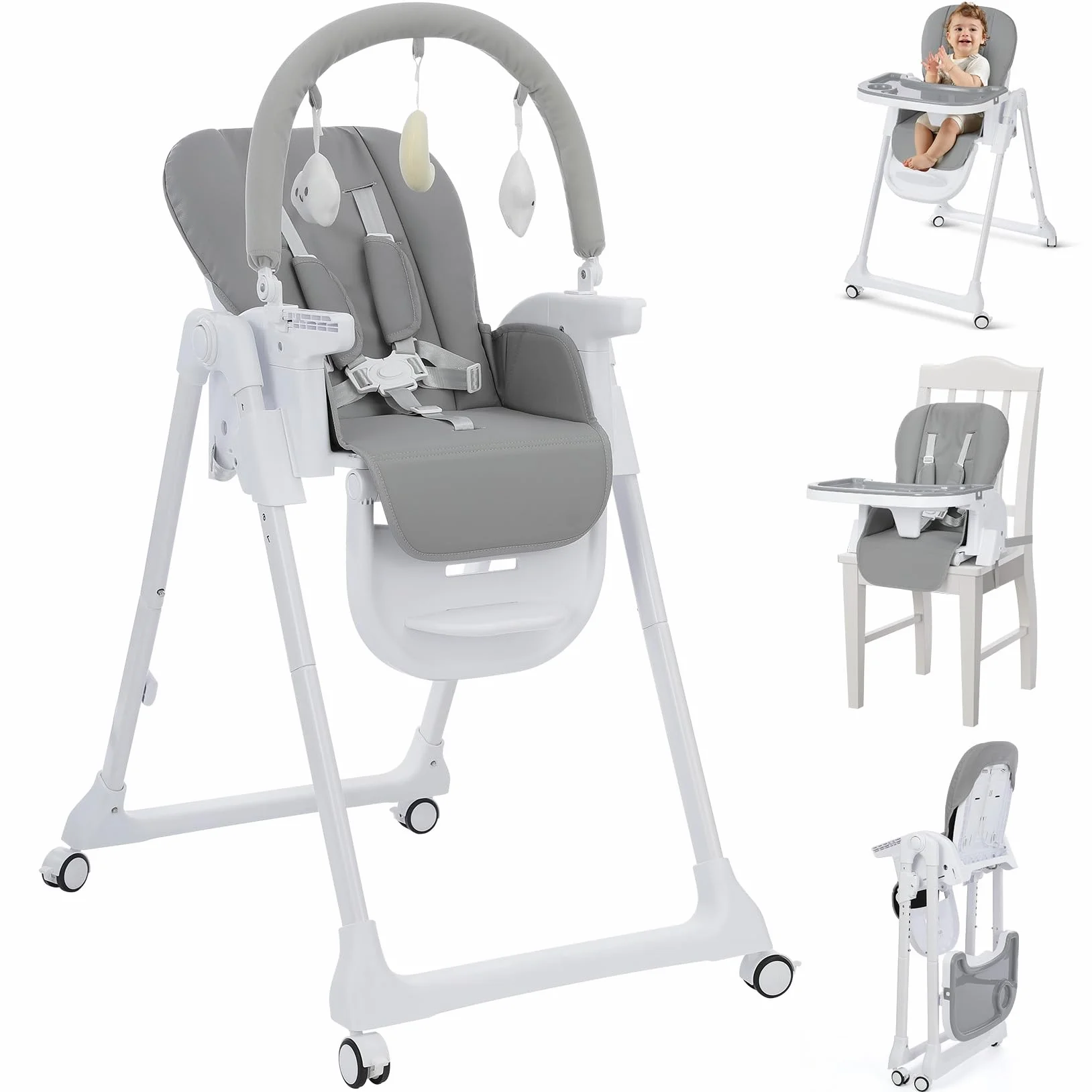 Hochstuhl Baby 4 in1 Kinderhochstuhl mit Spielbügel 7 höhenverstellbar faltbar Kinderstuhl mit Sitzerhöhung/Booster Funktion PU-Sitz, Rollen & 2 Tablett Grau