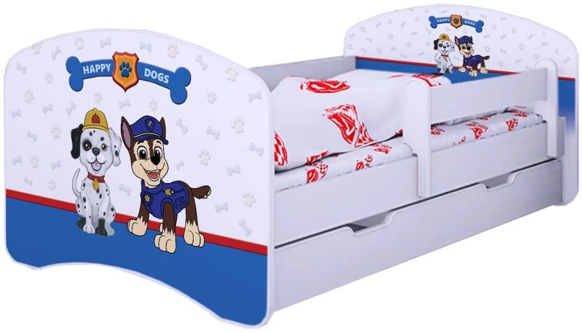 BDW Kinderbett Super Hunde - Babybett mit Matratze und Schublade - Bequem und Langlebig Rausfallschutz Bett - Kinderzimmer - Weiß (180x90)