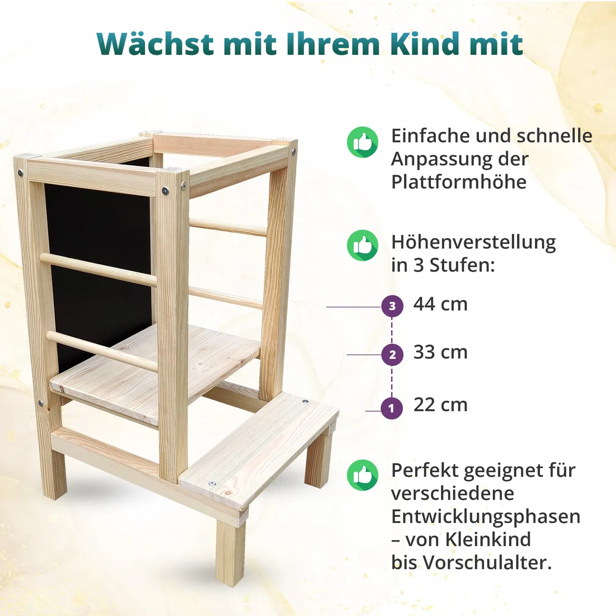 Lernturm Holz, Küchenhelfer für Kinder, Tritthocker Kinder, Trittschemel, Learning Tower, Höhenverstellbar, Massives Kiefernholz, Leicht und Mobil - 45x56x80 cm