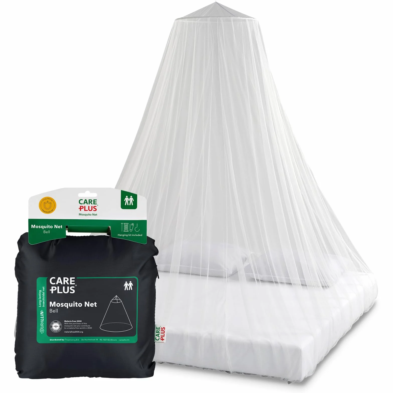 Care Plus Moskitonetz Reise imprägniert - Mosquito Net Bell Durallin 2 Personen - Mückennetz Bett für Tropische Reisen - mit Insektizid - Ø 330cm