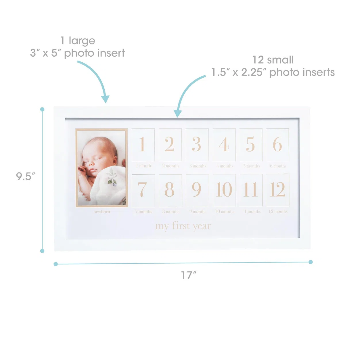 Pearhead Fotocollage für das erste Jahr und geschlechtsneutrales Andenken, ideal für Babyparty, Geschenk zur Geburt und als Kinderzimmer-Dekor, 13 Fotoeinsätze, beige matt