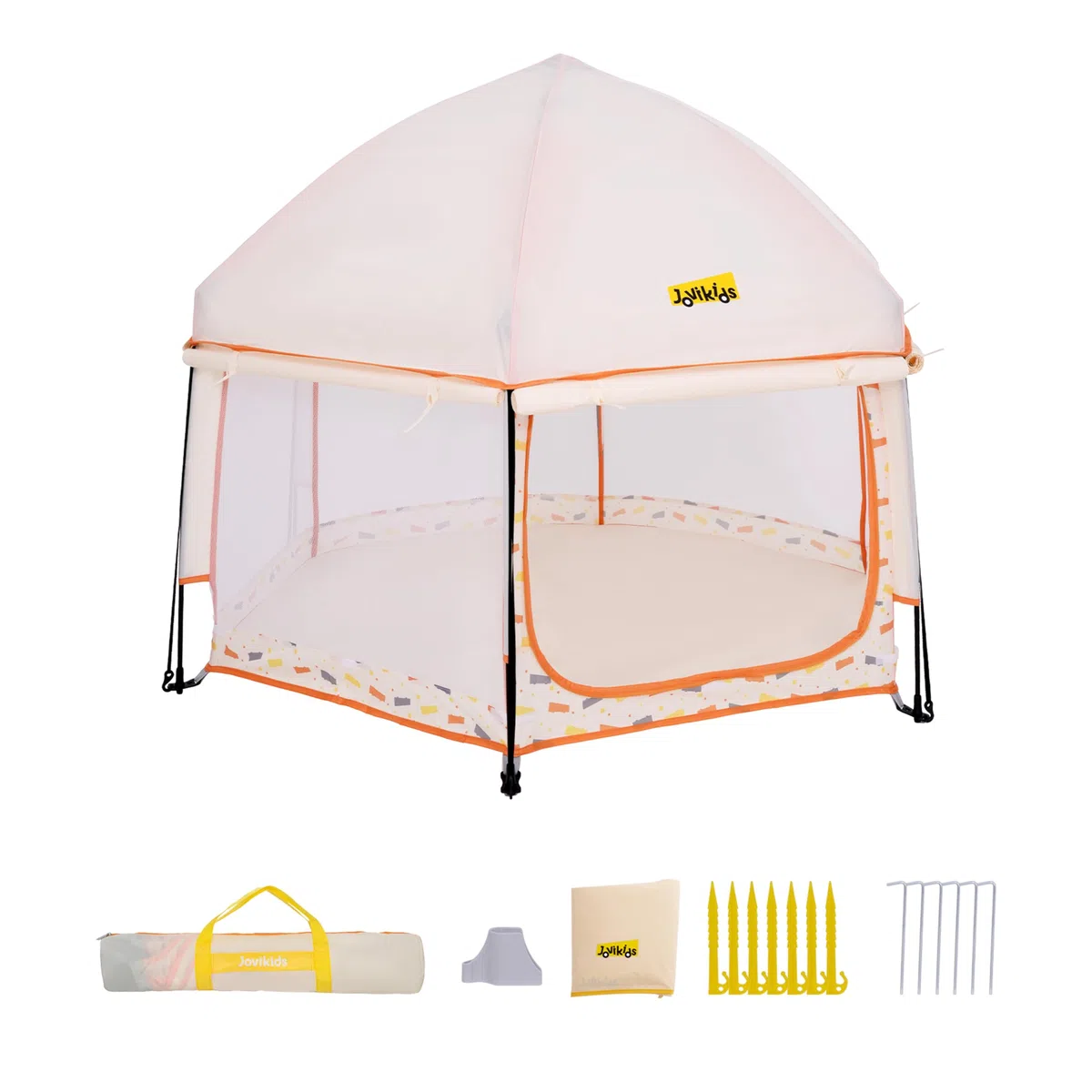 Jovikids Faltbarer Laufstall Baby mit Baldachin, Pop-up Zelt Kinder Outdoor, Großer 6 Eckig Playpen mit Tragetasche für Haus, Garten, Strand, 150x150x105cm
