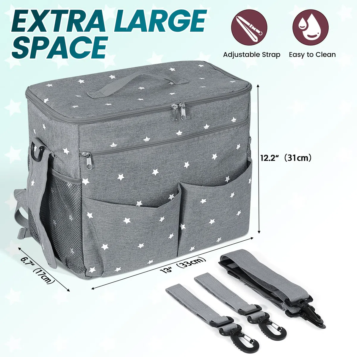 Orzbow Groß Kinderwagen Organizer, Wasserdichte Kinderwagen Tasche mit Getränkehalter & Abnehmbarer Trennwand, Universell Einsetzbar, Robuster Klettverschluss, Verstellbarer Schultergurt & Haken, Grau