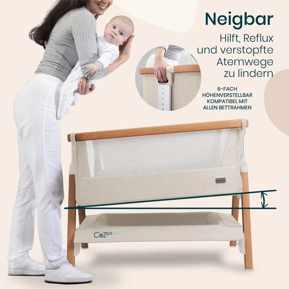Tutti Bambini CoZee Air Beistellbett Baby Reisebett mit Matratze Kompakt faltbar Atmungsaktive Matratze 6-fache Höhenverstellung 0-6 Monate Walnuss Naturweiß