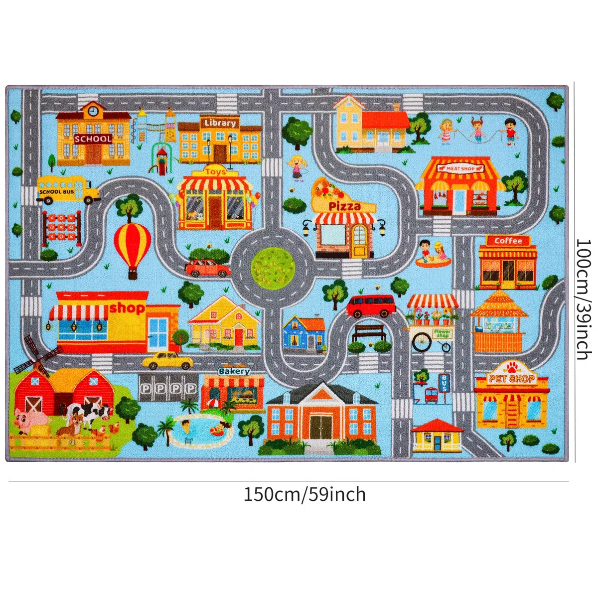 Autoteppich für Kinder, Kinder-Auto-Spielmatte, extra rutschfester Verkehrsstraßenteppich für Kinders, pädagogische Automatte mit Stadtplan für Spielzimmer, Jungen-Schlafzimmer (150X100CM, Blue Sky)