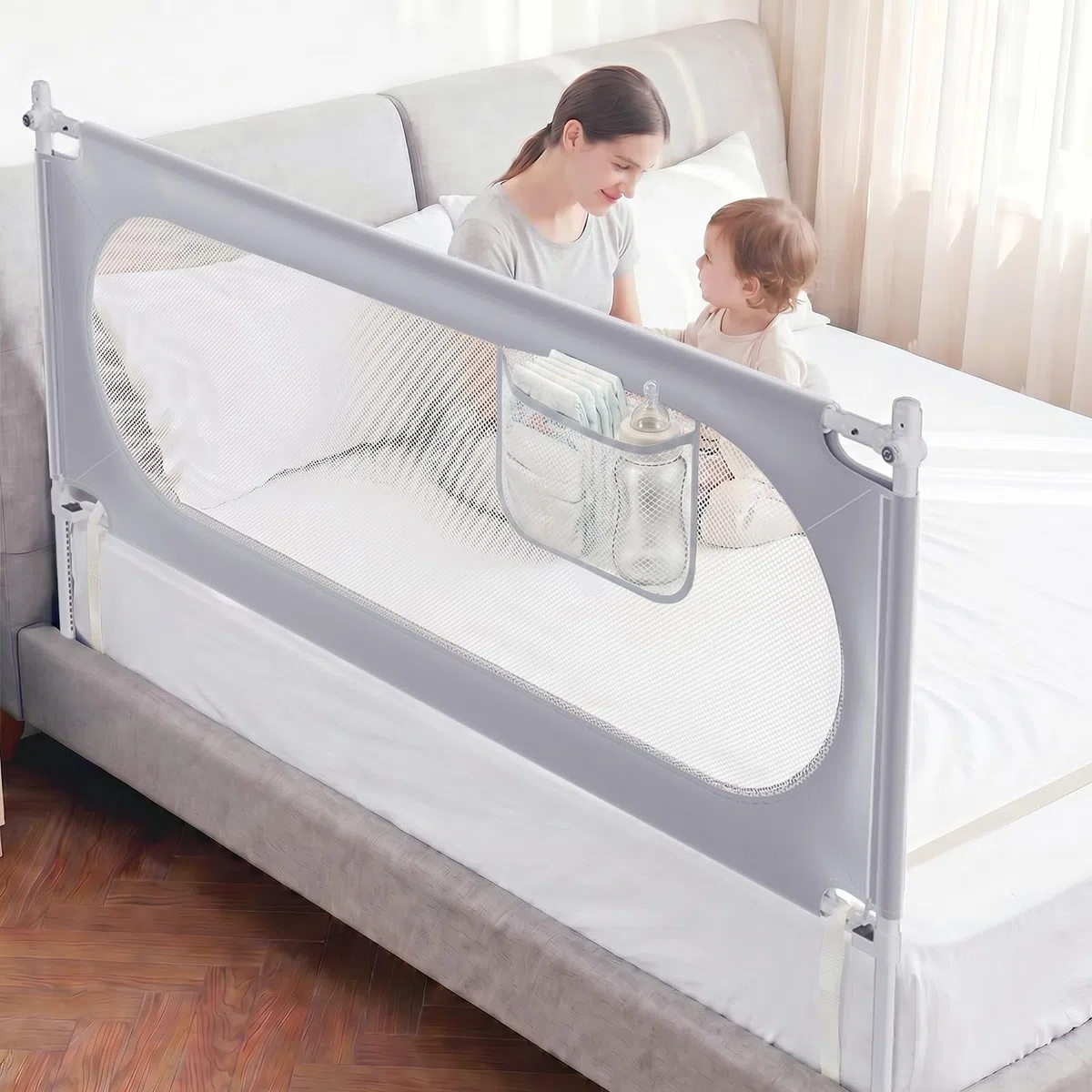 Stabiles Bettgitter 200cm – Rausfallschutz Bett U-förmiges für Boxspringbetten und die meisten Bettarten, Bettschutzgitter mit 2 Sicherheitsgurten für Kleinkinder geeignet