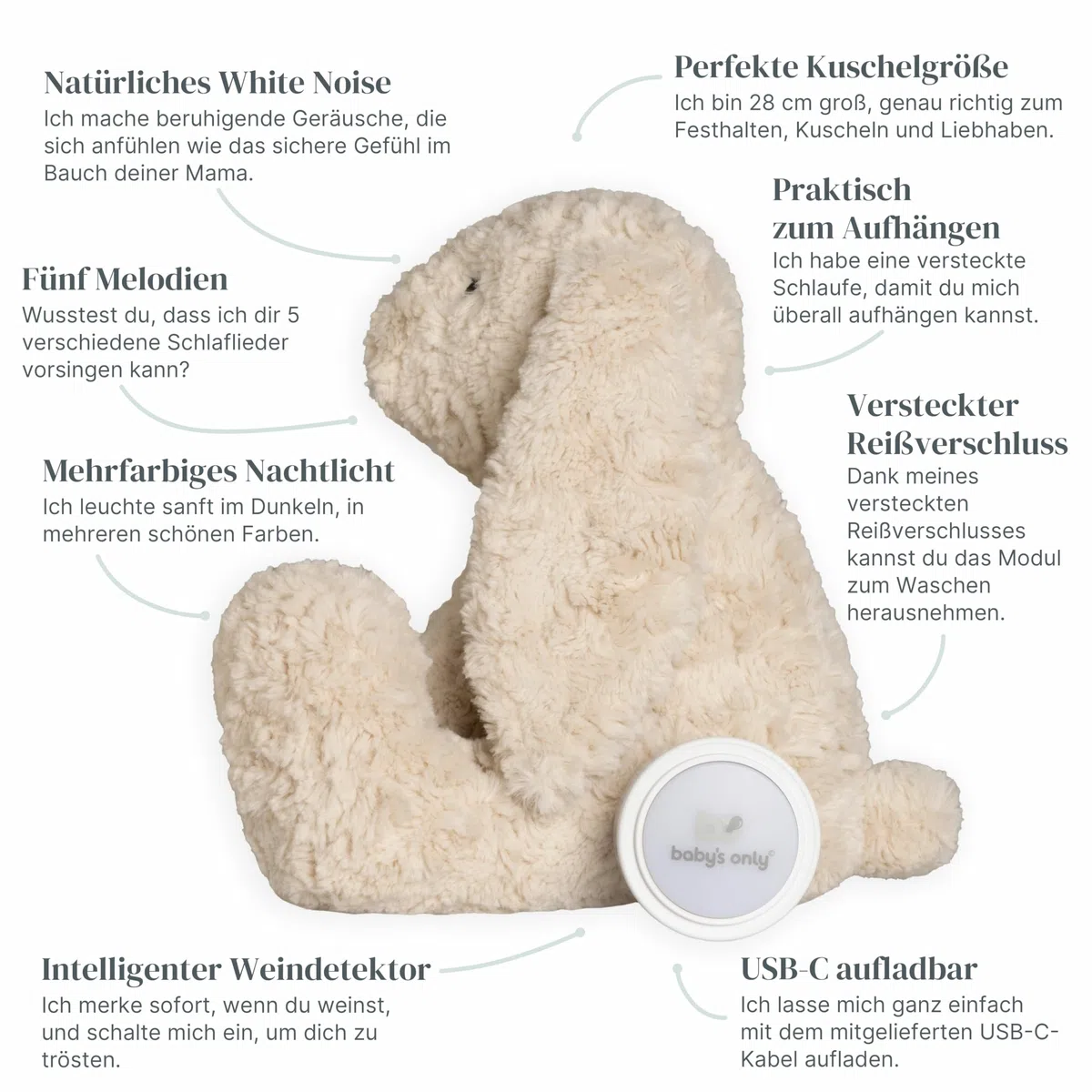 Baby's Only - Bibi das Kuschelkaninchen - Einschlafhilfe - Spieluhr Baby - White noise - Kuscheltier - Weinsensor - Baby erstausstattung - Geschenk zur geburt - Warm Linen