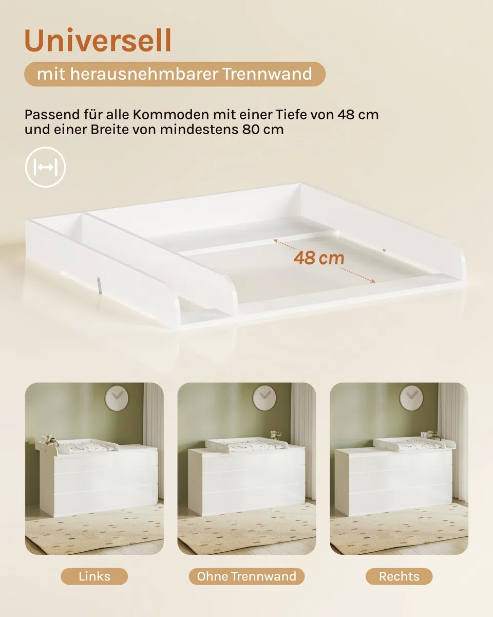 WOLTU Wickelaufsatz aus Holz, Wickeltischaufsatz Wickelkommode Aufsatz mit Trennfach Tiefe 48 cm, für Wickeltisch Wickelkommode, Weiß