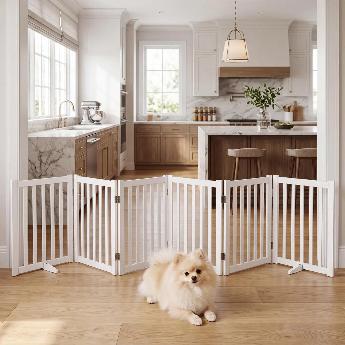 COSTWAY Absperrgitter Hunde 60cm Hoch, Schutzgitter Holz, Kindergitter klappbar, Treppengitter Hundeabsperrgitter flexibel Türschutzgitter (6 Paneelen, Weiß)