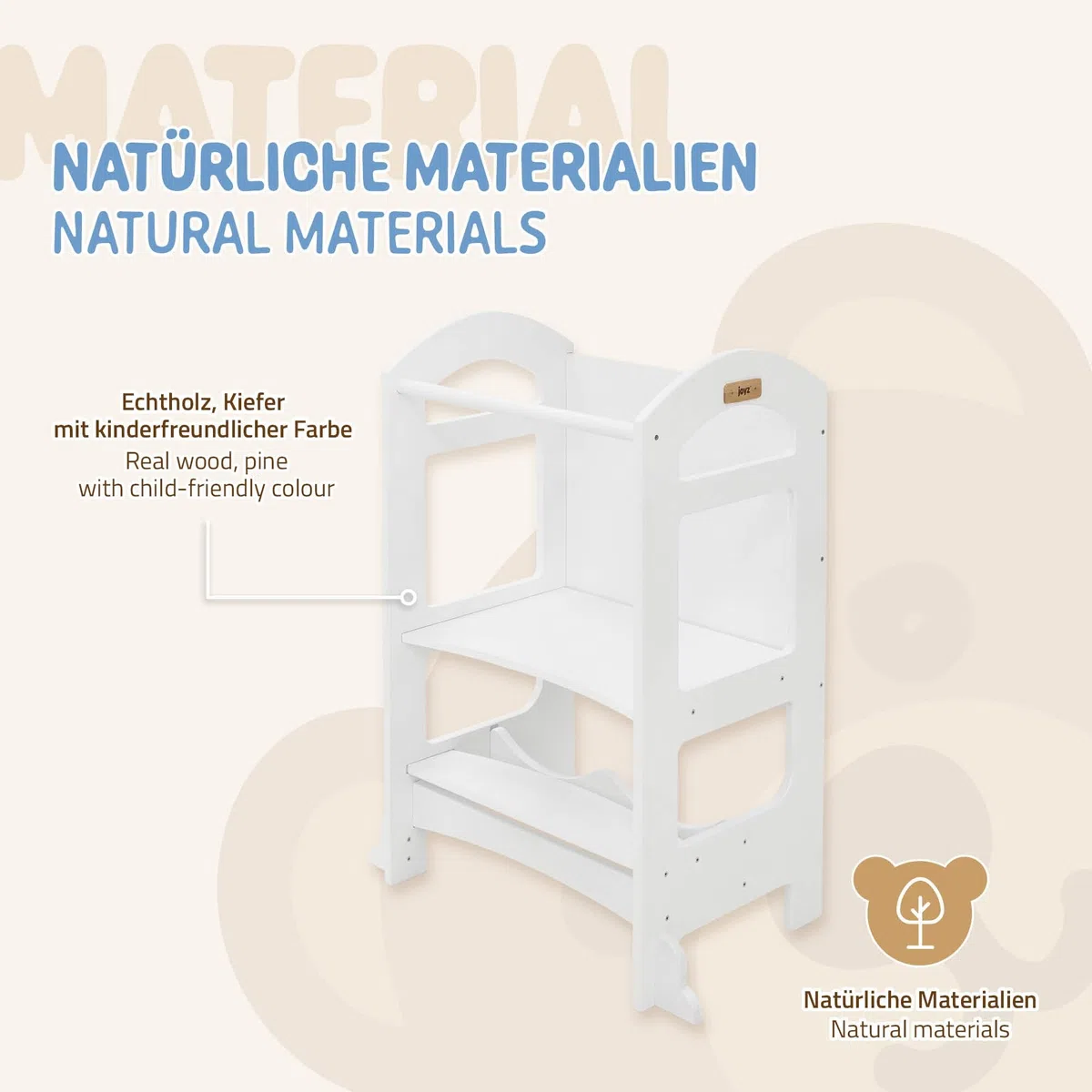 Joyz 2 in 1 Lernturm für Kinder ab 1 Jahr, Montessori Lernstuhl mit Tafel, Weiß, aus Holz, Tritthocker Verwandelbar in Kindertisch und -Stuhl, Hochstuhl Schemel Küchenhelfer Lerntower Learning Tower