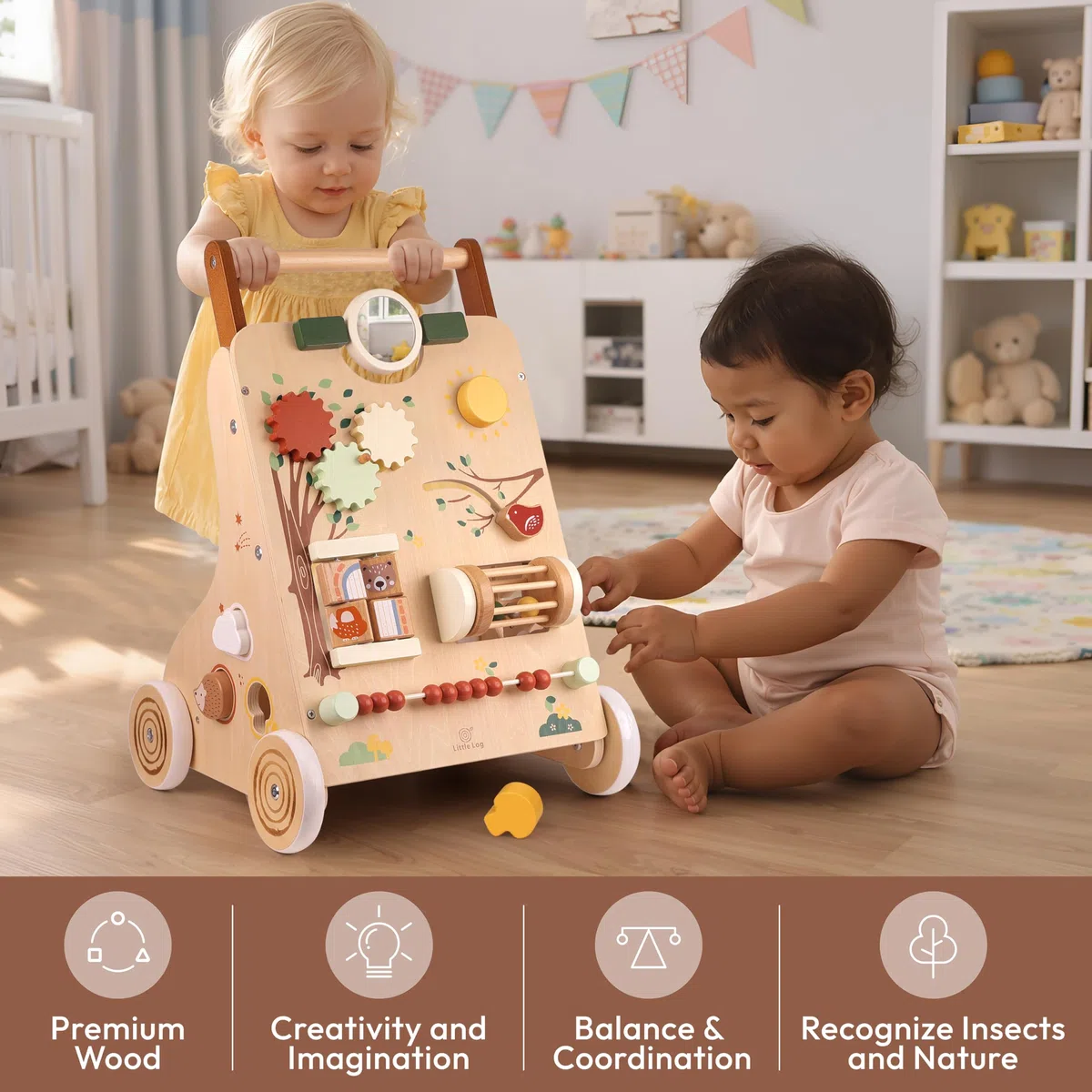 Little Log Lauflernwagen Holz, Baby Lauflernhilfe mit Activity Center | Multifunktionales 9-in-1 Montessori Spielzeug mit Rädern Gehhilfe & Baby Walker Geschenk für Mädchen und Jungen ab 1 Jahr