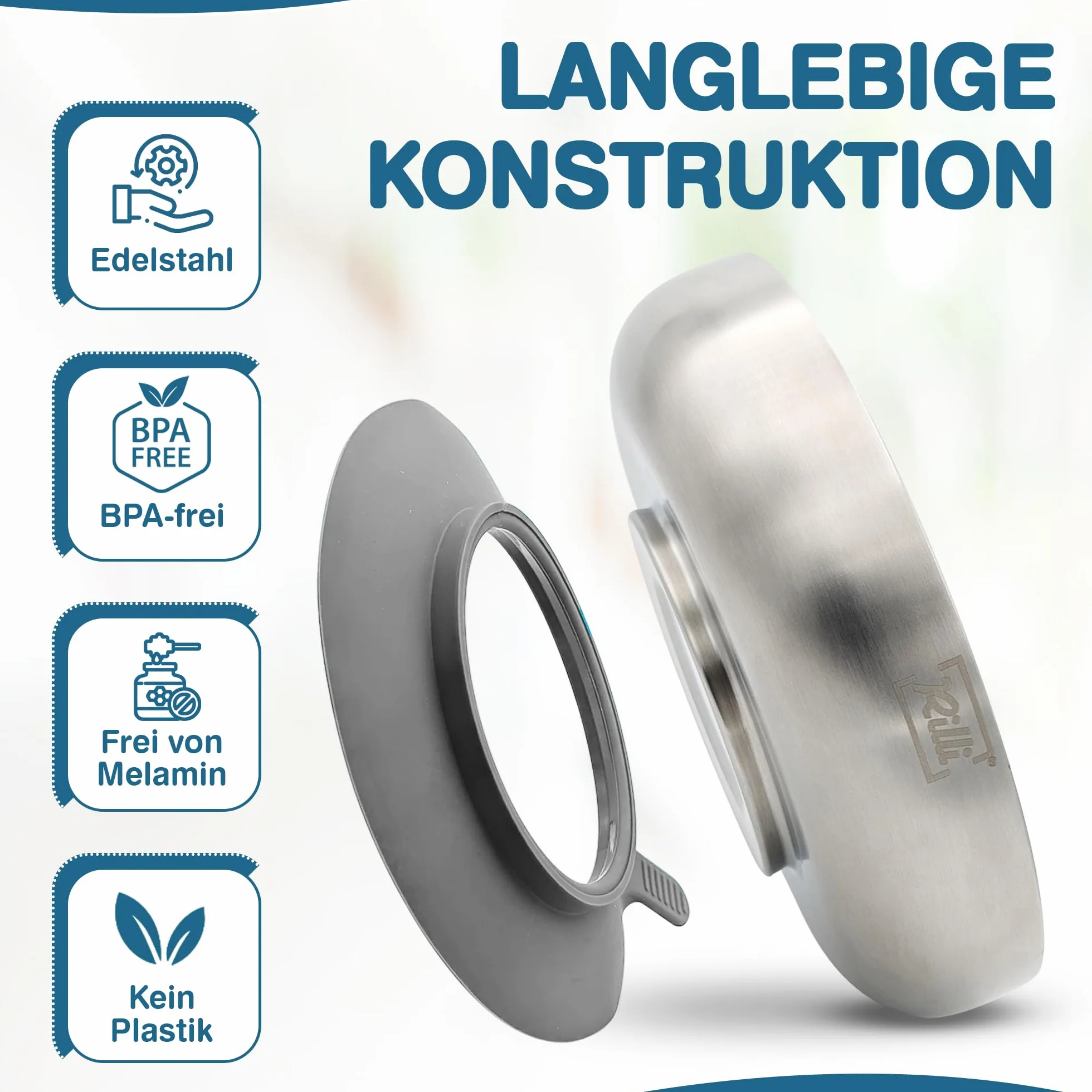 Rilli Edelstahl Teller für Babys mit Saugnapf, tiefer Kinderteller, grau | Doppelwandiger 304er Edelstahl · BPA-frei · schadstoffgeprüft · spülmaschinenfest · für BLW und Beikost
