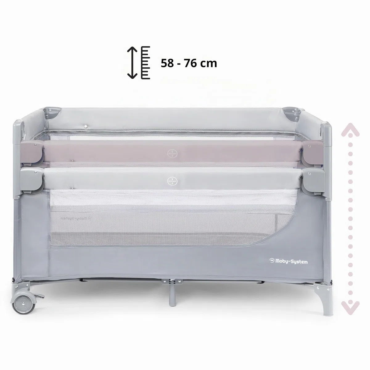 Moby-System Closely 3in1 Beistellbett Baby - Reisebett Baby mit Wickelauflage, Matratze, Transporttasche - Höhenverstellbares Beistellbett, Laufstall (6 Teile)