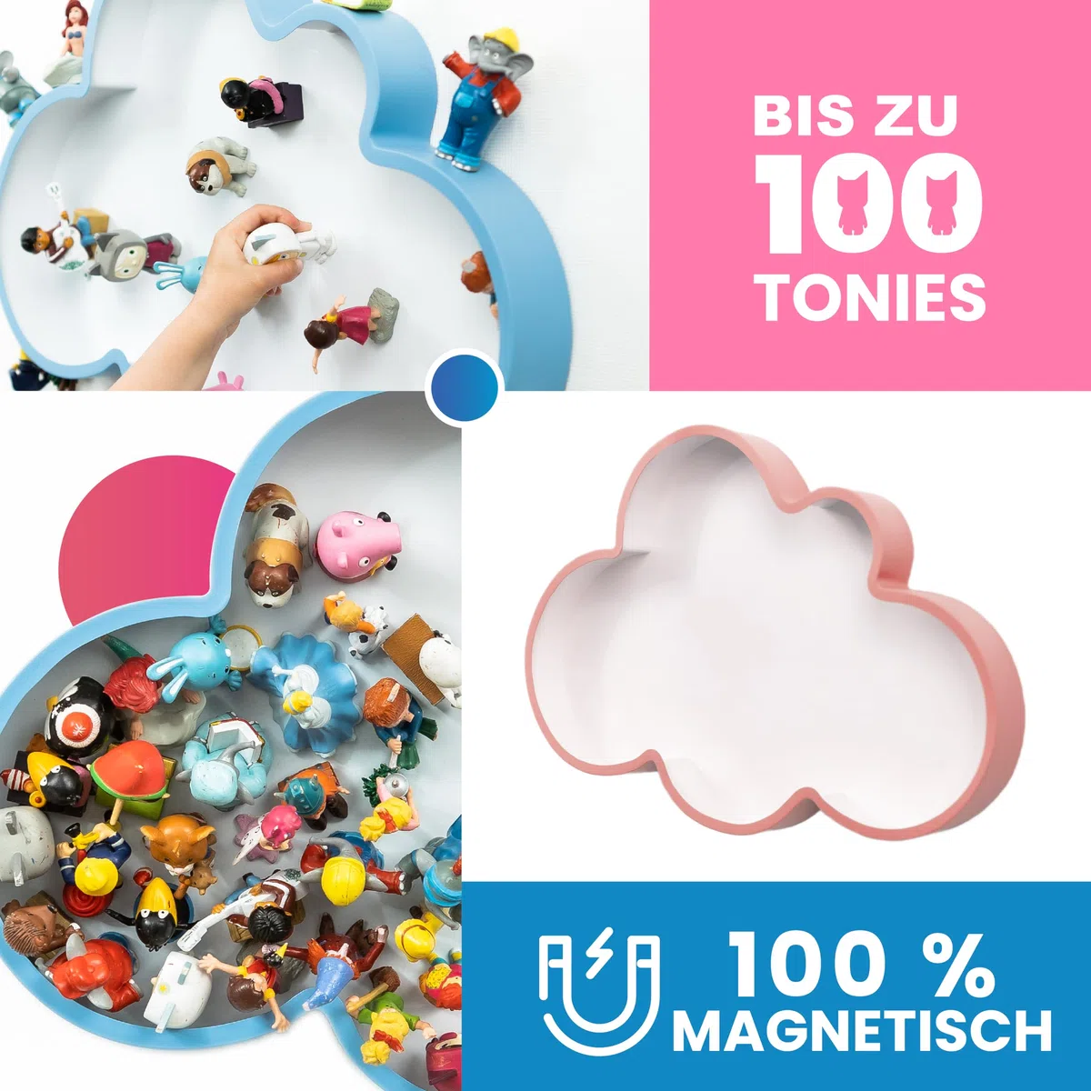 I Wandregal für bis zu 100 Tonie Figuren I Wolkenform I 100% magnetisch I Ideal geeignet für Tonie Figuren der Toniebox I Regal fürs Kinderzimmer I Tonieboxregal für Mädchen und Jungen (Rosa)