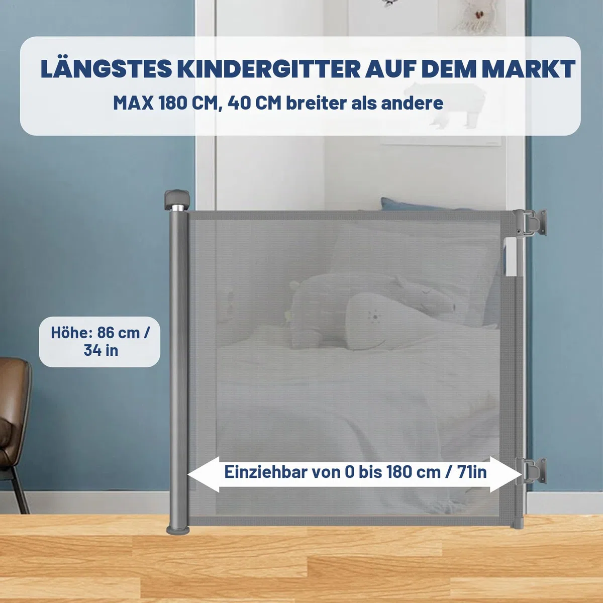 HollyHOME Treppenschutzgitter Ausziehbar 0-180cm, Extra Breit Babygitter, Einhandbedienung, Türschutzgitter für Babys und Haustiere, Kinderschutzgitter, Maschengitter für Treppen,Türen,Flure,Grau