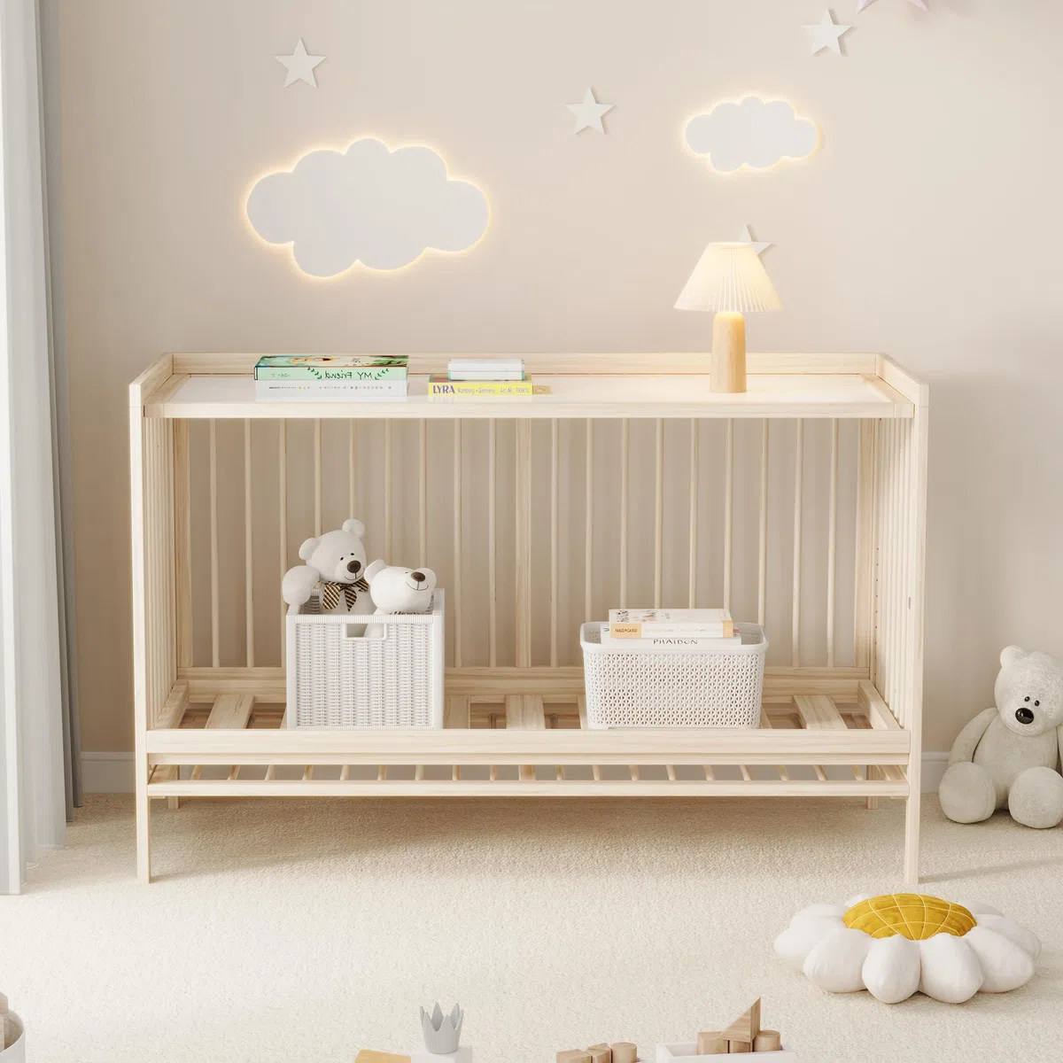 Holz Babybett Höhenverstellbar,Multifunktionales Gitterbett,Baby Cot Babybett Mitwachsend Beistellbett Staffelei Schreibtisch,ohne Matratze,140x60x90cm