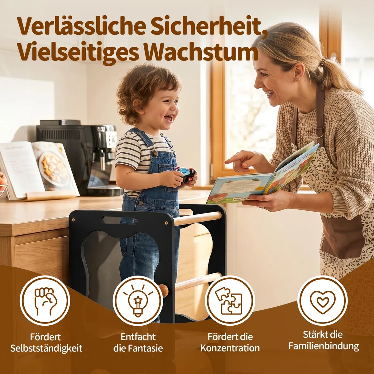 COSYLAND Lernturm Kinder 3in1 Küchenhelfer mit Tafel & Geländer Schwarz | Stabiler Küchenhelfer, wandelbar zu Tisch & Stuhl. Ideal für Lernen, Spielen und Küche. Sicher und zuverlässig.
