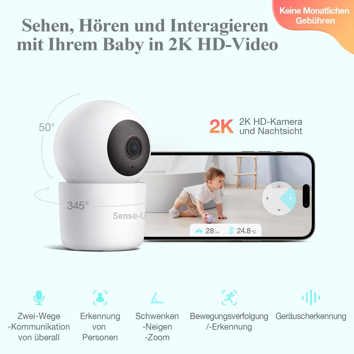 Sense-U Baby Monitor 3 mit Kamera,Babyphone,das Sie bei Bauchbewegungen,Rollen,Temperaturen und Erkannten Bewegungen Benachrichtigt, mit Nachtsicht,2-Wege-Sprechfunktion und Großer Reichweite