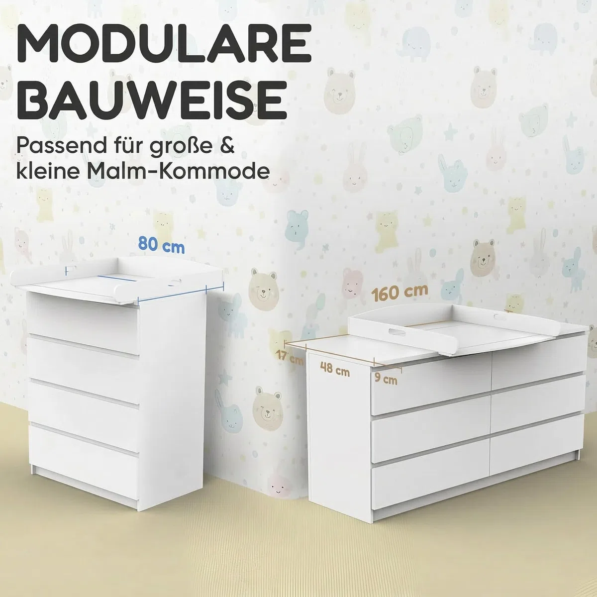 Heldenzimmer Wickelaufsatz Malm Kommode [80 & 160cm] ohne Lücke zur Wand - Für große und kleine Malm Kommoden