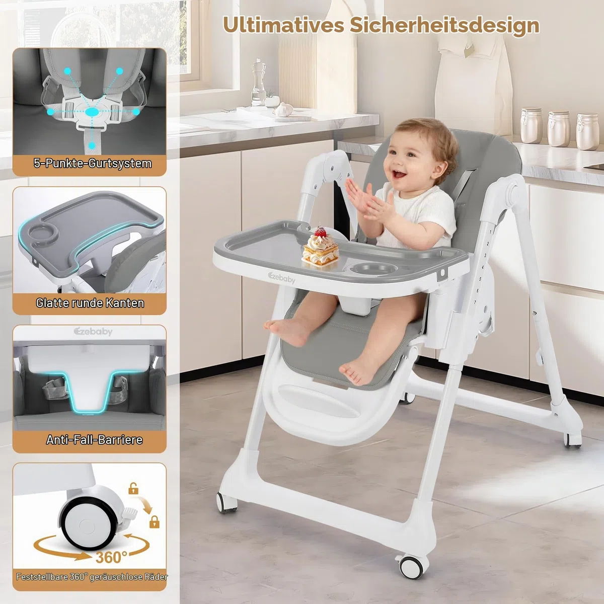 4-in-1 Baby Hochstuhl, höhenverstellbar, faltbar mit Spielbogen & Booster | 7-fach höhenverstellbar, Sitzerhöhung Booster-Funktion, PU-Sitz, Doppeltablett, Rollen mit Bremse, Kinderstuhl