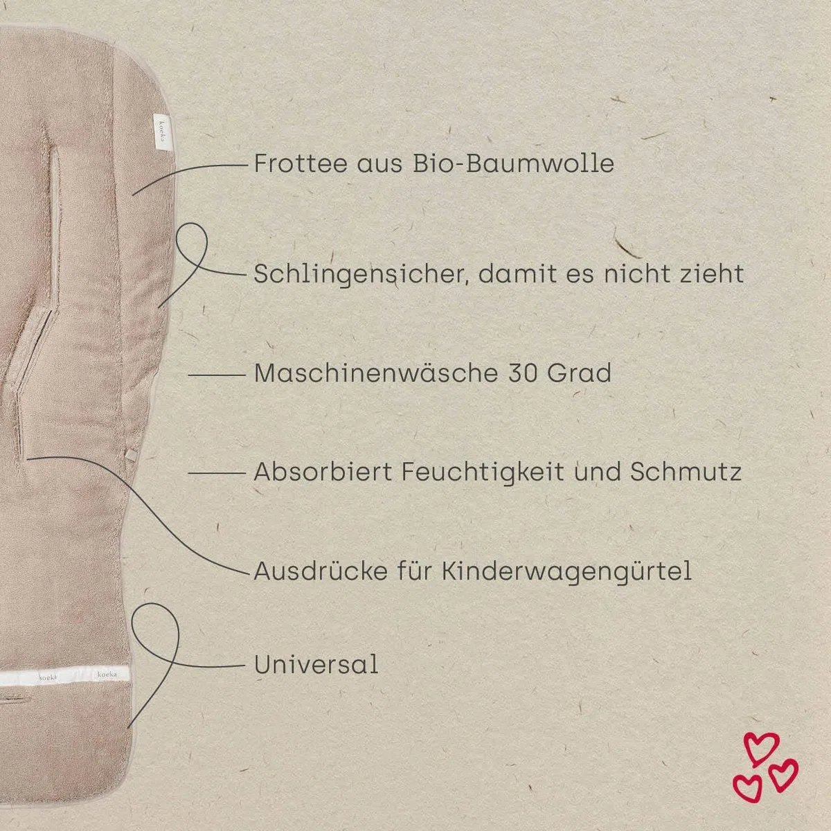 Koeka Sitzauflage Buggy - Universal - Buggy Einlage Sommer - Kinderwagen Sitzeinlage - Atmungsaktiv - Dijon - Frottee Aus Bio-baumwolle - Taupe - Einheitsgröße