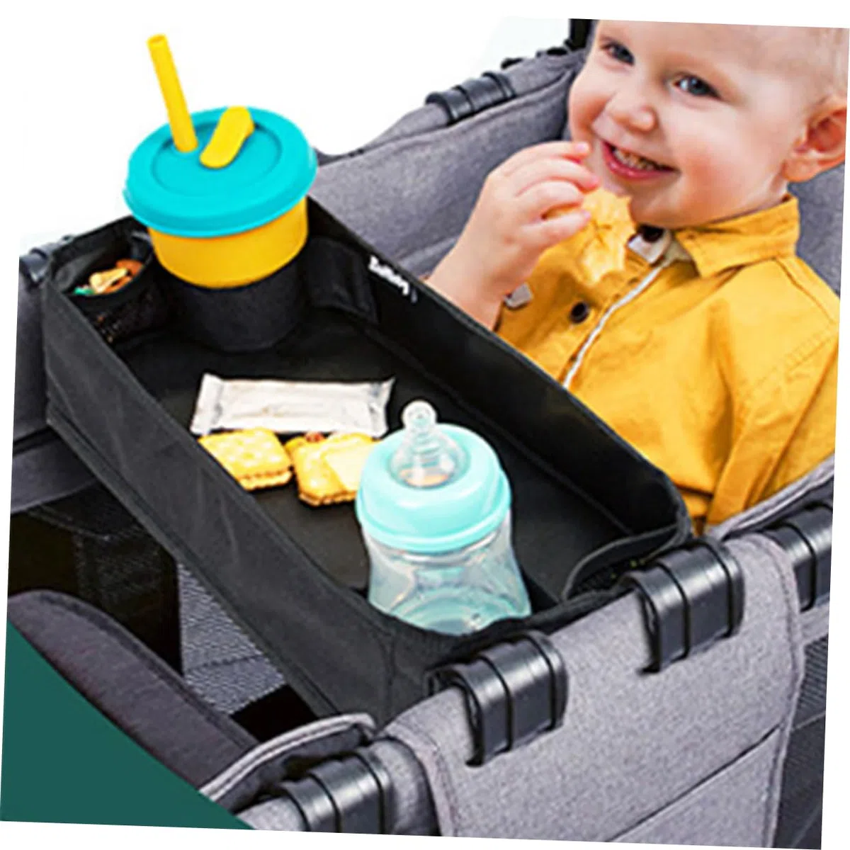 Kinderwagen Tablett mit Getränkehalter und Snack Organizer Zubehör für Junge Mädchen und Kleinkinder mit Abnehmbarem Telefonhalter und Anpassbar für Ausflüge